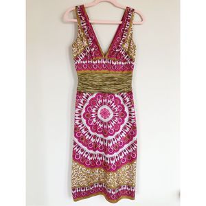 Nicole Miller Collection Women's Silk V Neck Ruched Waist Midi Dress